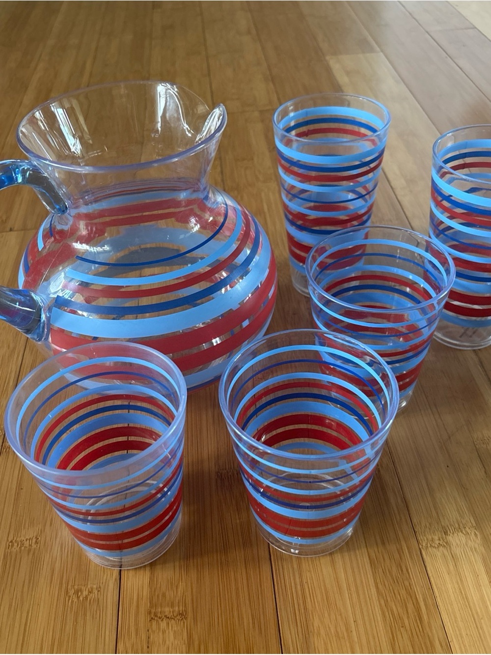 Clear Plastic Pitcher and Tumbler Set with Red and Light Blue Stripes